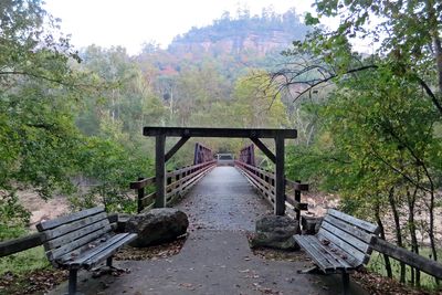Benches facing Old Sublimity Bridge below the sandstone bluff.