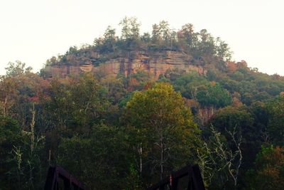 The wooded sandstone bluff viewed beyond Old Sublimity Bridge.