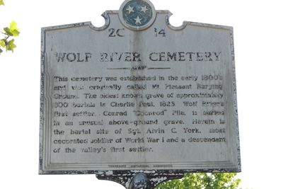 Wolf River Cemetery historical marker against a bright sky.