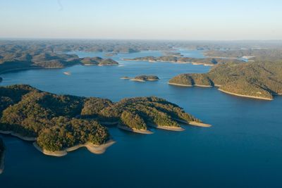 Aerial view of wooded islands and coves on Dale Hollow Lake.